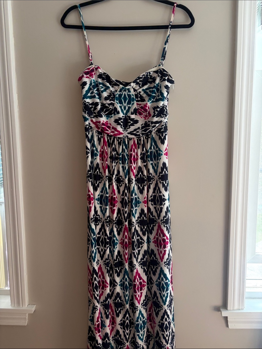 Ann Taylor White Maxi Dress with Teal, Pink & Black Ikat Print